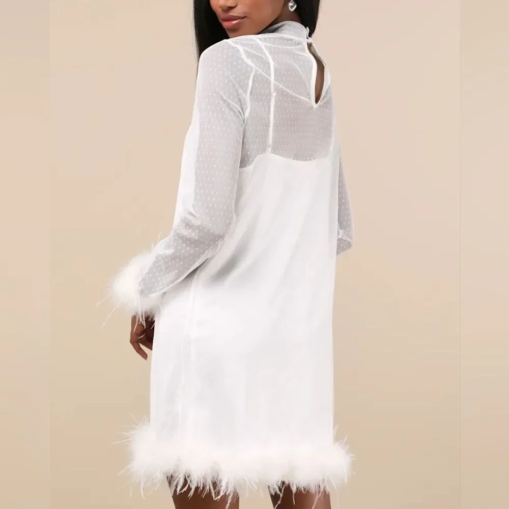 NWT Lulus Immaculate Charisma White Mesh Feather Long Sleeve Mini Dress Large